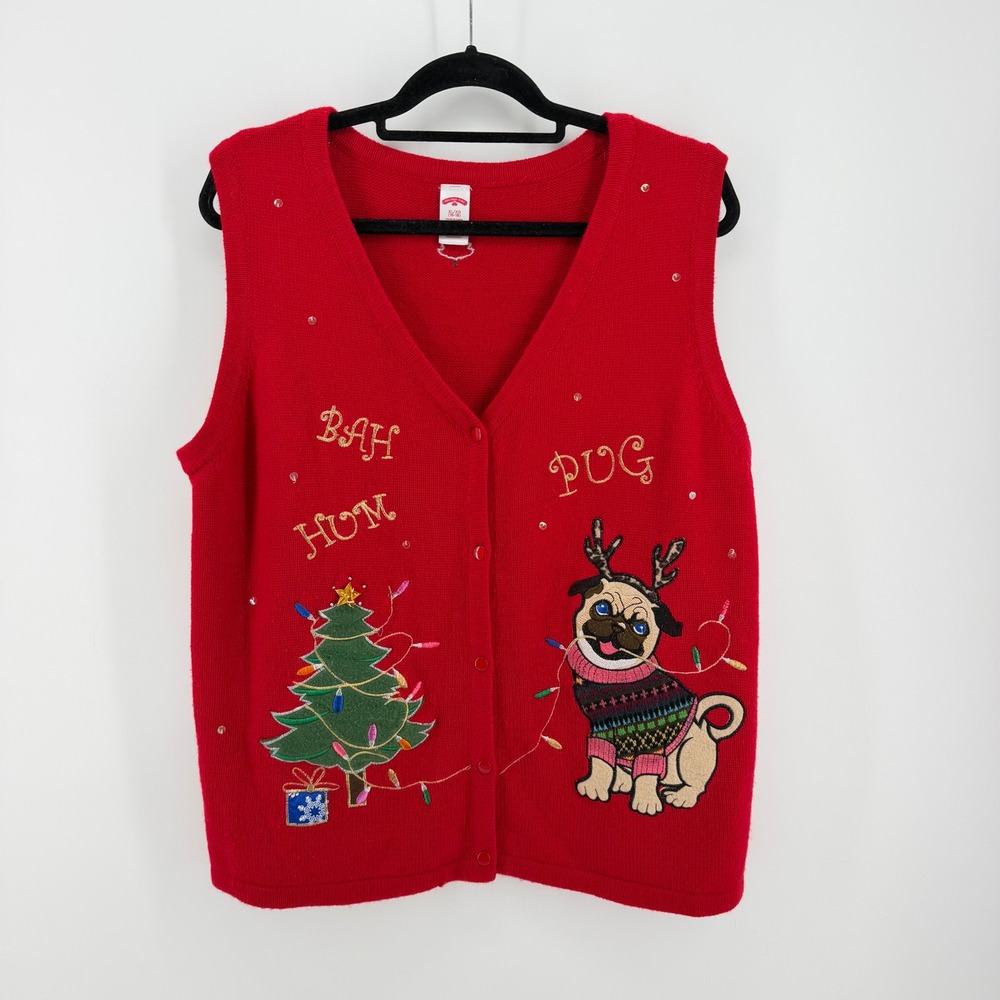 Holiday Time Bah Hum Pug Ugly Christmas Sweater Vest Red XL Dog Reindeer Tree